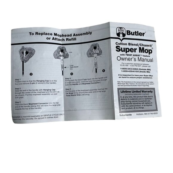 Butler Cotton Blend Cham it Super Mop Owners Manual Instruction Guide u - Picture 3 of 4